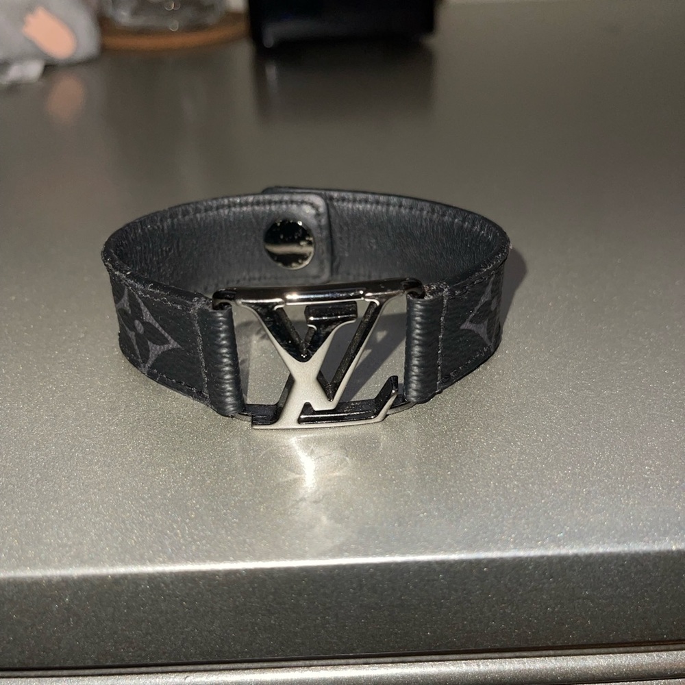 Louis Vuitton Black Leather Bracelet with Silver Logo